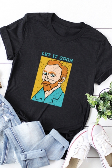 Trendy Ladies Roll-Up Sleeve Crew Neck Letter LET IT GOGH Van Gogh Print Relaxed Graphic Tee