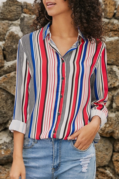 Trendy Street Women's Roll Up Sleeves Lapel Neck Button Front Striped Loose Fit Shirt