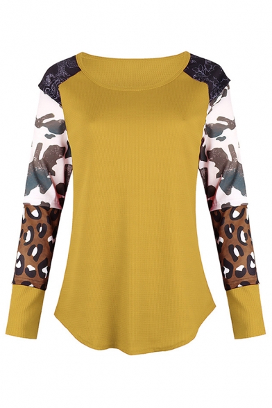 Trendy Women's Long Sleeve Round Neck Camo Printed Waffle Knit Panel Relaxed T-Shirt