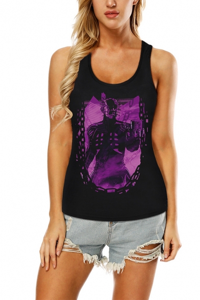 Trendy Womens Sleeveless Round Neck Dragon Patterned Hollow Out Relaxed Tank Top in Black