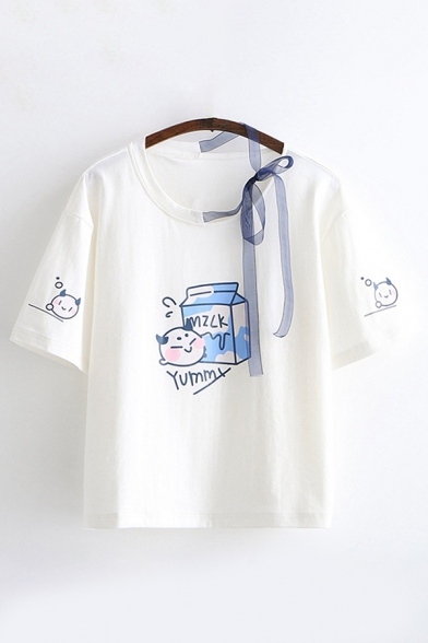 Unique Chic Girls Short Sleeve Round Neck Letter YUMMY Cartoon Milk Graphic Bow Tie Mesh Loose T-Shirt