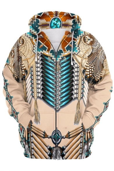 Unique Ethnic Style Retro Indian Tribal Printed Long Sleeve Zip Up Hoodie