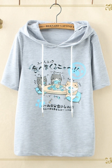 Casual Girls Short Sleeve Drawstring Cartoon Cat Japanese Letter Loose Fit Long Hooded Tee