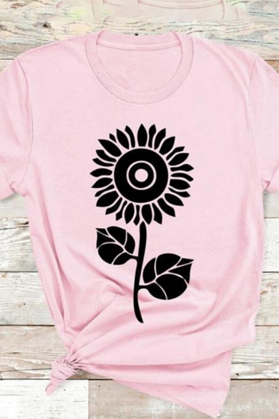 Casual Simple Girls Short Sleeve Crew Neck Floral Printed Fitted Tee Top