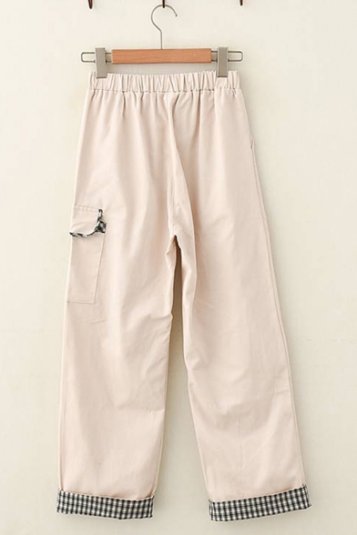 Casual Womens Elastic Waist Flap Pocket Bear Embroidery Checker Printed Long Wide-Leg Trousers