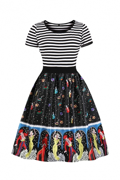 Chic Black Short Sleeve Round Neck Stripe Guitar Cartoon Printed Patchwork Long Pleated Swing Dress for Girls