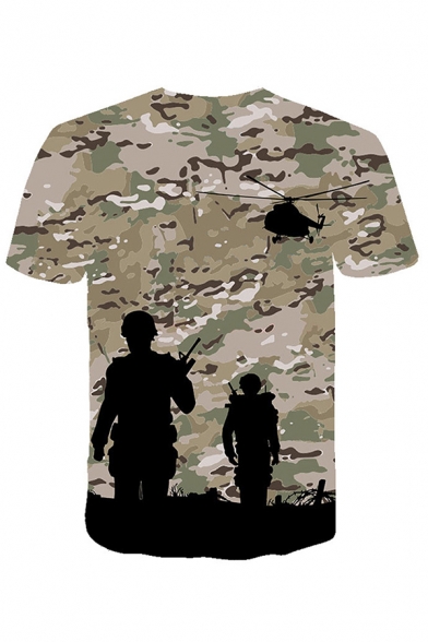 Chic Boys Short Sleeve Crew Neck Camo Army Tree Flag 3D Patterned Relaxed Fit T Shirt