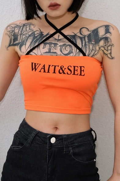 Chic Girls Sleeveless Halter Hollow Out Letter WAIT&SEE Slim Fitted Crop Cami Top in Orange