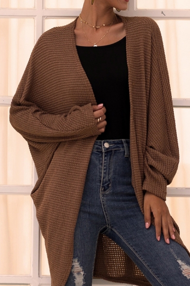Chic Street Coffee Long Sleeve Waffle Knitted Oversize Long Cardigan for Women