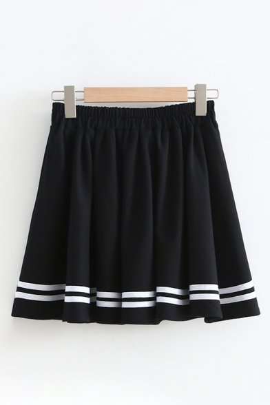 Cool Cute Black Elastic Rise Striped Print Pleated Mini A-Line Skirt for Girls