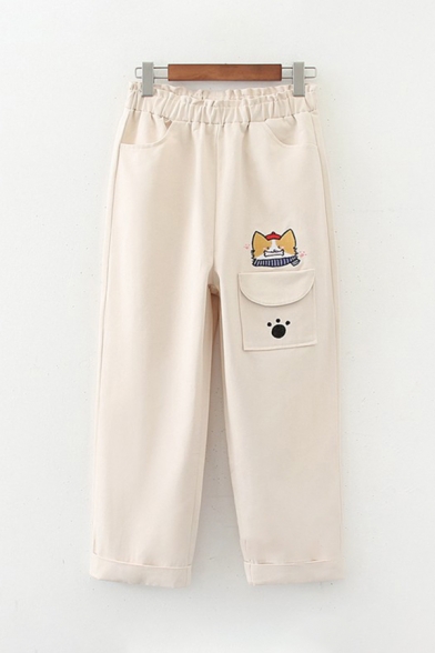 Cute Girls Drawstring Waist Cat Graphic Embroidery Cuffed Ankle Straight Pants