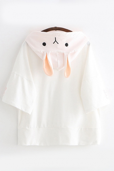 Cute Girls' Short Sleeve Hooded Carrot Embroidered Rabbit Print Loose T Shirt