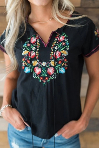 Ethnic Fashion Ladies' Short Sleeve V-Neck Floral Embroidered Slim Fit T Shirt