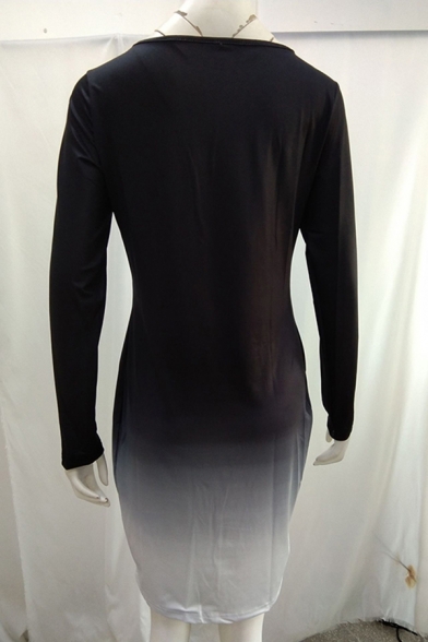 Fashion Women's Long Sleeve Round Neck Ombre Mini Tight T-Shirt Dress