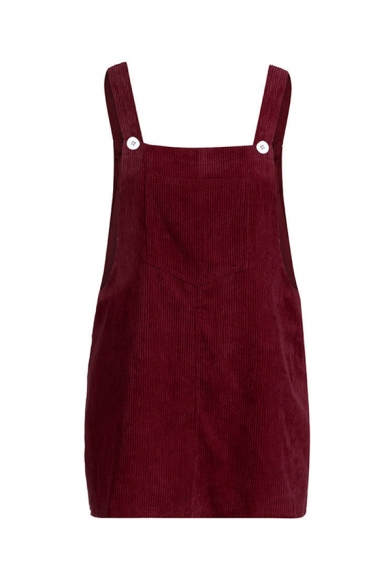 Fashionable Ladies Sleeveless Patched Pocket Corduroy Plain Short Shift Suspender Dress