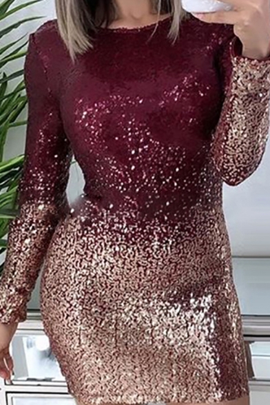 Glamorous Ladies' Red Bling Bling Long Sleeve Round Neck Open Back Sequined Ombre Short Bodycon Dress for Party