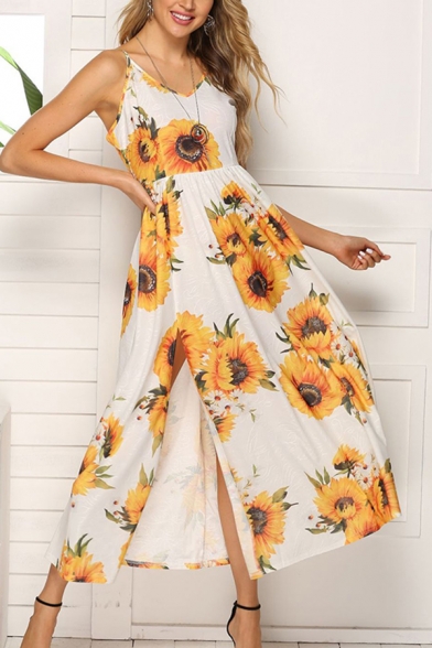 Hawaii Style Sleeveless All Over Flower Pattern Split Side Maxi Flowy Cami Dress for Women