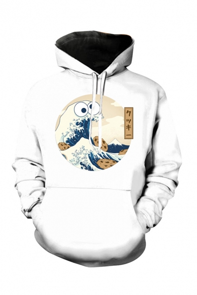 Korean Style Boys Long Sleeve Drawstring Japanese Letter Wave Graphic Pouch Pocket Loose Fit Hoodie in White