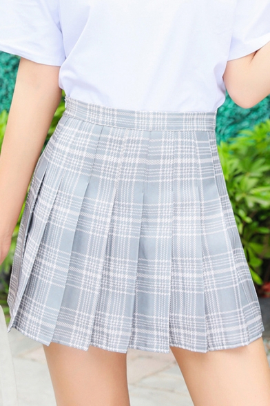Lovely Ladies High Waist Plaid Patterned Mini Pleated A-Line Skirt