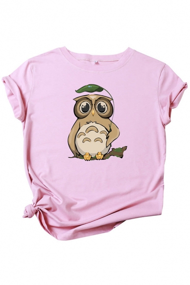 New Trendy Roll-Up Sleeve Round Neck Owl Pattern Relaxed Tee Top for Girls
