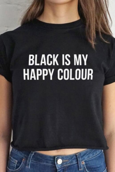 Popular Roll-Up Sleeve Crew Neck Letter BLACK IS MY HAPPY COLOR Relaxed T Shirt in Black