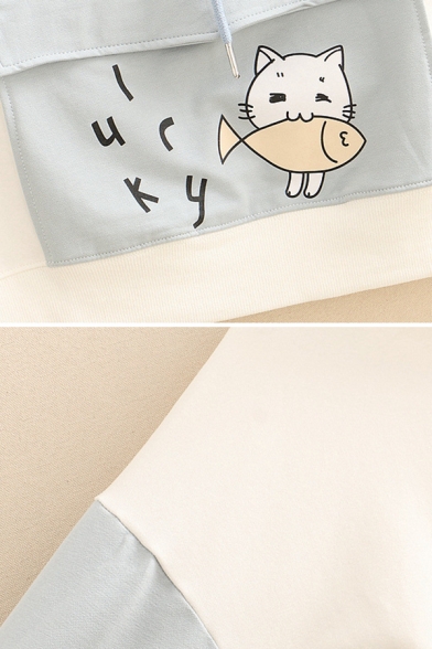Preppy Girls' Long Sleeve Cat Printed Japanese Letter Drawstring Flap Pockets Color Block Loose Hoodie