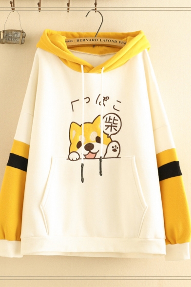Preppy Looks Long Sleeve Drawstring Dog Japanese Letter Graphic Color Block Loose Fit Hoodie with Pocket