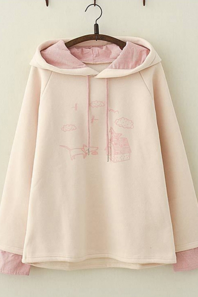 Pretty Girls Long Sleeve Drawstring Checkered Cartoon Patterned Loose Fit Hoodie