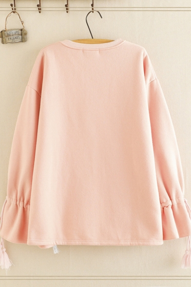Pink Girls Long Sleeve Round Neck Japanese Embroidered Drawstring Fringe Loose Sweatshirt