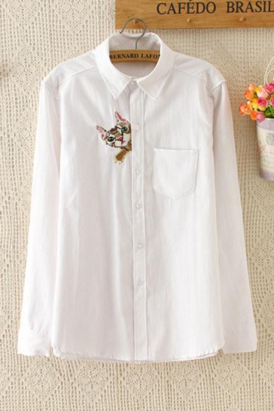 Simple Ladies White Long Sleeve Lapel Collar Button Down Cat Embroidery Pocket Panel Relaxed Fit Shirt