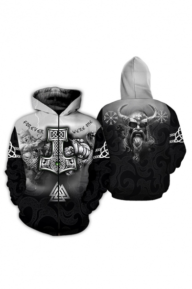 Black Cool Street Long Sleeve Zipper Front Bull Demon King 3D Print FOREVER WE'RE ONE Graphic Zip Up Relaxed Hoodie
