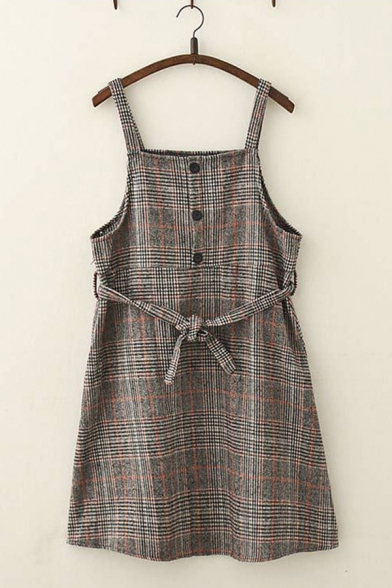 Casual Fashionable Womens Sleeveless Button Up Tied Waist Checker Pattern Short A-Line Cami Dress