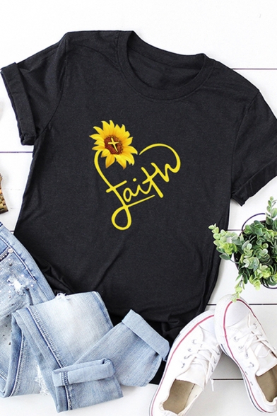 Casual Roll-Up Sleeve Round Neck Letter FAITH Sunflower Graphic Loose T Shirt for Girls