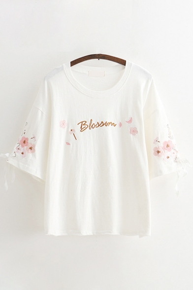 Causal Womens Short Sleeve Round Neck Bow Tie Letter BLOSSOM Floral Printed Embroidery Loose Fit Tee Top