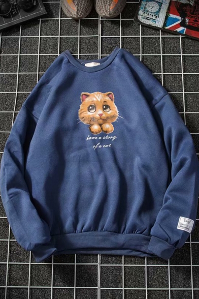 Chic Boys Long Sleeve Crew Neck Lovely Cat Printed Relaxed Fit Pullover Sweatshirt