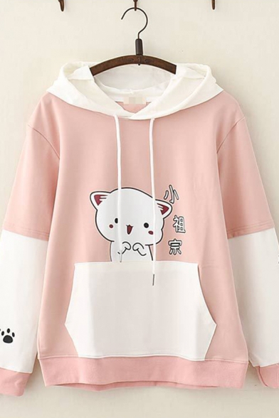 Chic Pretty Long Sleeve Drawstring Chinese Letter Cartoon Cat Graphic Color Block Relaxed Hoodie with Pocket