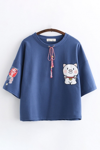 Chinese Womens Short Sleeve Round Neck Bow Tie Pig Patterned Relaxed Fit Graphic T Shirt