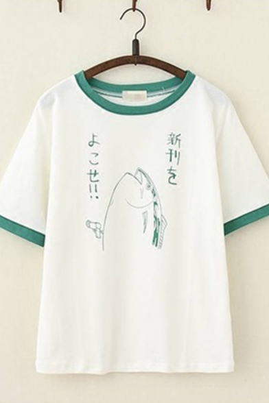 Cute Harajuku Style Short Sleeve Round Neck Japanese letter Shark Printed Contrasted Relaxed Graphic Tee