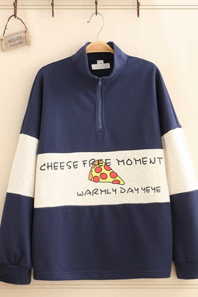 

Fashion Women's Long Sleeve Stand Collar Letter CHEESE FREE MOMENT Cheese Graphic Colorblock Half Zipper Loose Sweatshirt, Pink;navy, LM596933