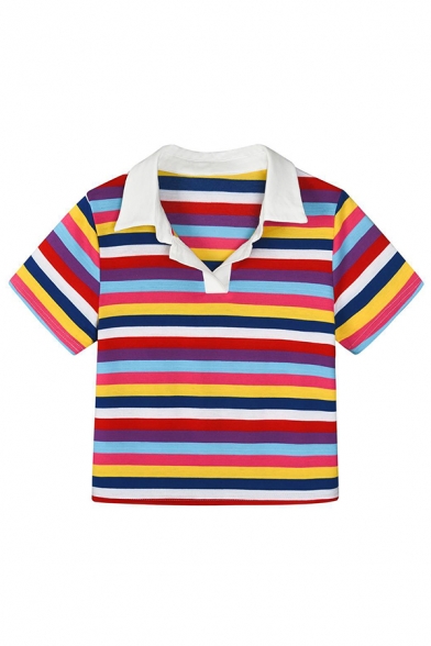 Fashionable Womens Short Sleeve Lapel Collar Rainbow Stripe Printed Fitted Tee Top in Pink