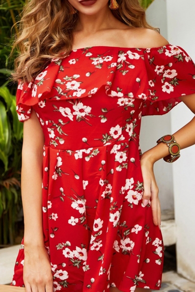 

Gorgeous Ladies Red Short Sleeve Off the Shoulder All Over Floral Printed Straight Romper, LM601004