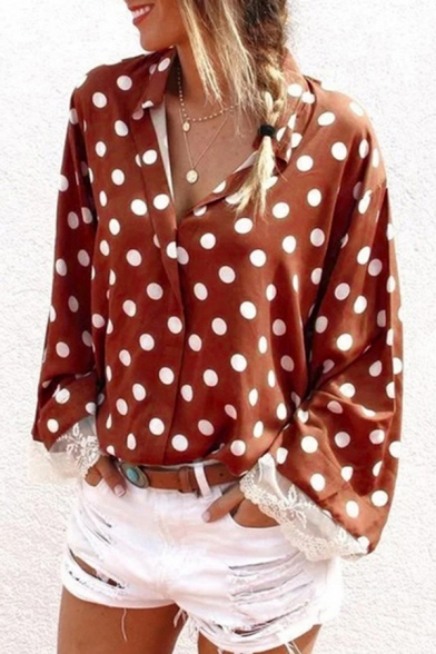 Leisure Cozy Women's Long Sleeve Lapel Neck Polka Dot Printed Lace Trim Loose Fitted Shirt