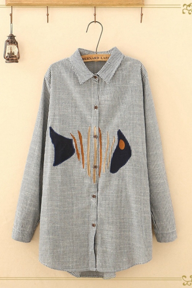 Leisure Womens Long Sleeve Lapel Button Button Front Fish Embroidery Striped Long Oversize Shirt