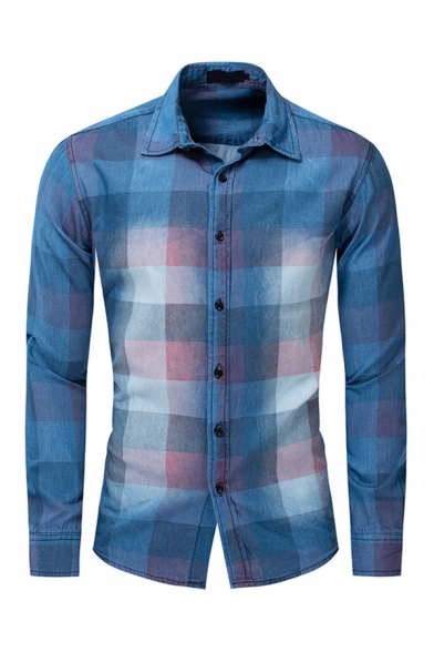 Mens Fashionable Long Sleeve Lapel Collar Button Down Plaid Printed Relaxed Shirt in Blue