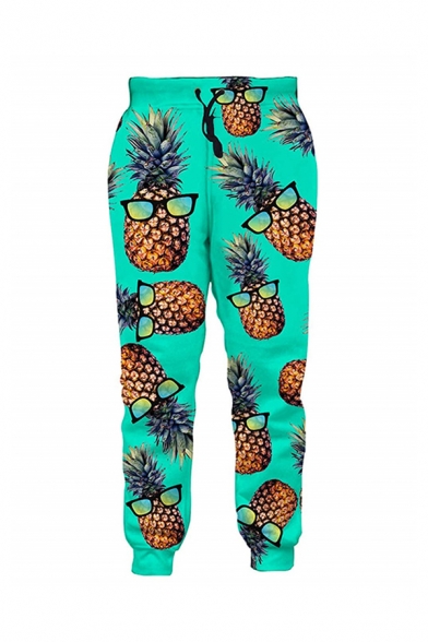 Mens Trendy Drawstring Waist Colorful Pouring Pineapple 3D Printed Colorblocked Cuffed Taper-Fit Sweatpants