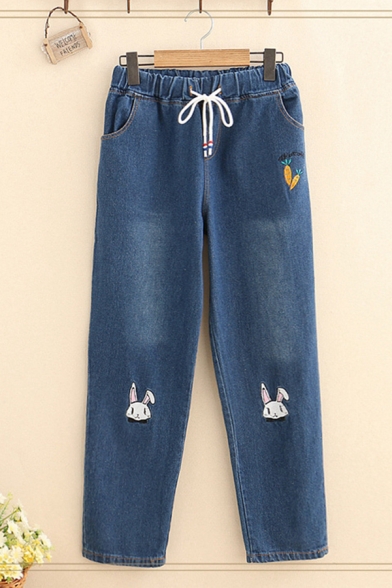 Popular Girls' Drawstring Waist Rabbit Carrot Embroidered Tapered Fit Ankle Jeans