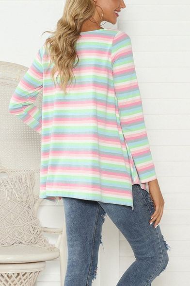 Popular Girls' Long Sleeve Round Neck Stripe Printed Asymmetric Hem Oversize T Shirt