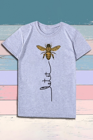 Popular Womens Roll Up Sleeve Round Neck Bee Graphic Relaxed Fit T-Shirt