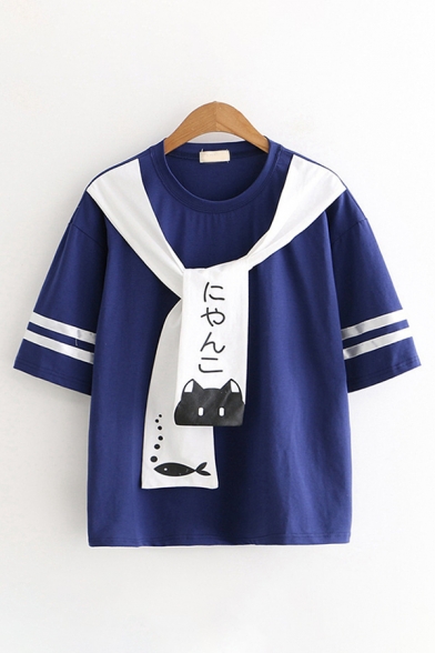 Preppy Girls Short Sleeve Round Neck Japanese Letter Cat Fish Graphic Striped Tied Front Relaxed T Shirt