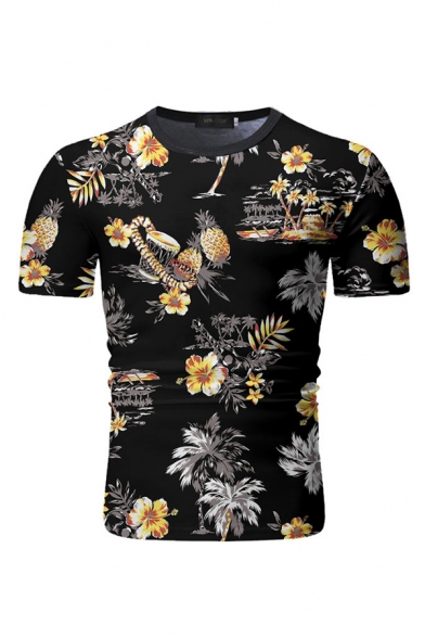 Pretty Mens Short Sleeve Crew Neck All Over Floral Printed Slim Fit T Shirt